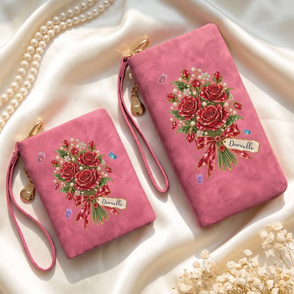 Personalised Crystal Birth Flower Butterfly PU Leather Wristlet Purse with Name Birthday Anniversary Gift for Women