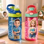 Borraccia personalizzata da 475 ml con foto convertita in personaggio animato 3d, nome e cannuccia in silicone - Regalo per bambini
