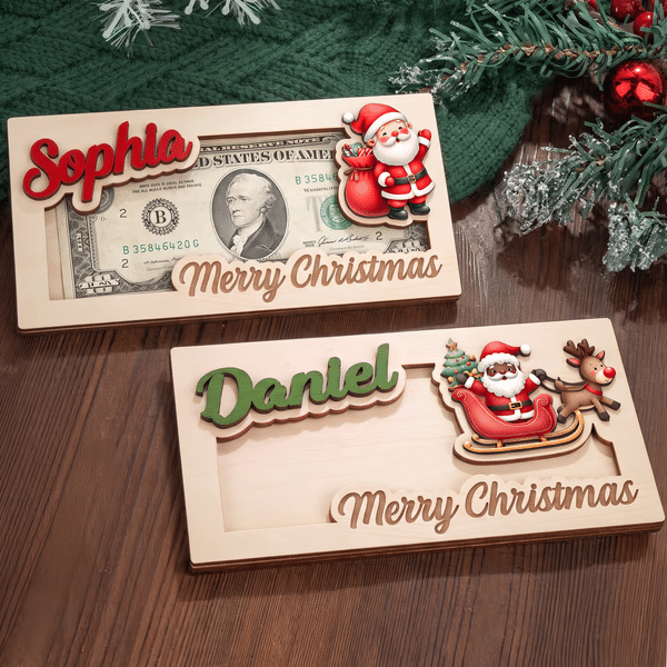 Personalised Merry Christmas Santa Claus Elk Wooden Money Holder Wallet with Name Christmas Gift for Kids