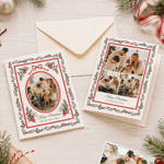 Gepersonaliseerde fotocollage met kerstmotieven en een aquarelrand – wenskaart met titel en familienaam – nieuwjaars- en kerstcadeau voor familie en vrienden