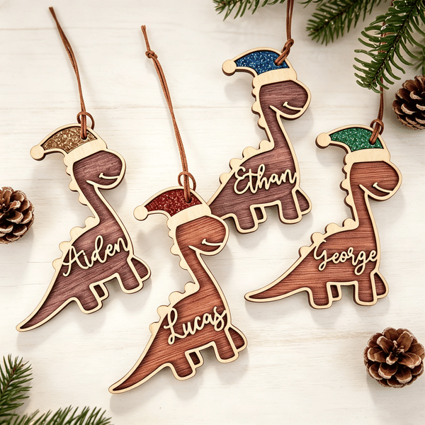 Personalised Name Dinosaur Christmas Ornament with Glitter Santa Hat Christmas Gift for Kids Boys