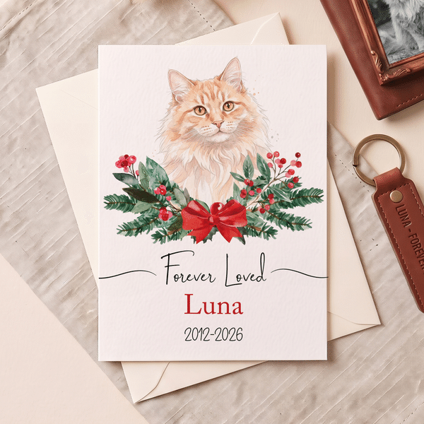 Biglietto di auguri personalizzato con ritratto ad acquerello del proprio animale domestico, con nome e anno: regalo commemorativo di Natale per gli amanti e i proprietari di animali domestici