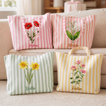 Personalised Multicolour Birth Flower Striped Large Capacity Canvas Tote Bag with Name Daily Use Birthday Gift for Women