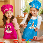 Personalised Cute Cartoon Illustration Style Apron and Chef Hat Set with Name and Photo Baking Party Birthday Gift for Kids Children