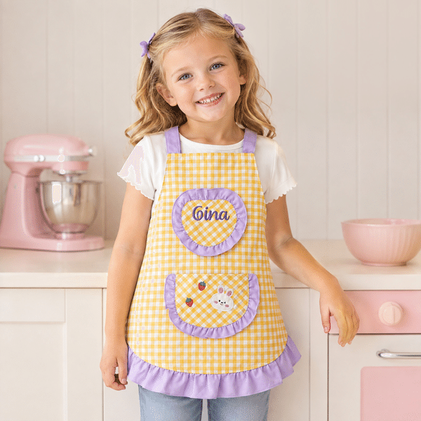 Personalized Multicolor Plaid Ruffle‑Trim 100% Cotton Apron with Name and Pocket Back to School Birthday Gift for Kids Girls