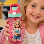 Botella de agua personalizada con diseño de estilo 3D de dibujos animados con nombre y pajita de silicona regalo de vuelta al cole para niños