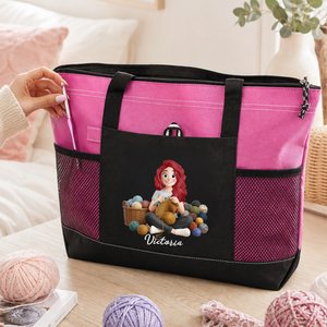 Bolso tote personalizado de punto con personajes de dibujos animados, cremallera, nombre y bolsillo de malla: regalo de cumpleaños para mujeres aficionadas al punto