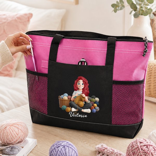Personalised Yarn Knitting Cartoon Character Zippered Tote Bag with Name and Mesh Pocket Birthday Gift for Knitting Lovers Women
