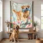 Personalized Watercolor Pet Photo Flower Tassel Soft Throw Blanket with Name Home Decor Birthday Memorial Gift for Pet Lover