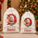 Personalised Merry Christmas Santa Claus Canvas Drawstring Gift Bag with Name and Initial Christmas Eve Party Gift for Kids