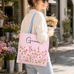 Personalized Birth Flower Large Capacity Seersucker Tote Bag with Name Anniversary Birthday Gift for Women Best Friends