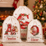 Personalised Merry Christmas Santa Claus Canvas Drawstring Gift Bag with Name and Initial Christmas Eve Party Gift for Kids