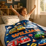Personalized Cute Woodland Animal Truck Fantasy Cartoon Theme Design Soft Throw Blanket with Name Room Decor  Daily Use Birthday Gift for Kids