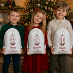 Borsa regalo con cordoncino in tela personalizzata con cornice vintage, motivo a fiocco di agrifoglio e iniziale, con nome – Regalo per la festa della vigilia di Natale per bambini e famiglia