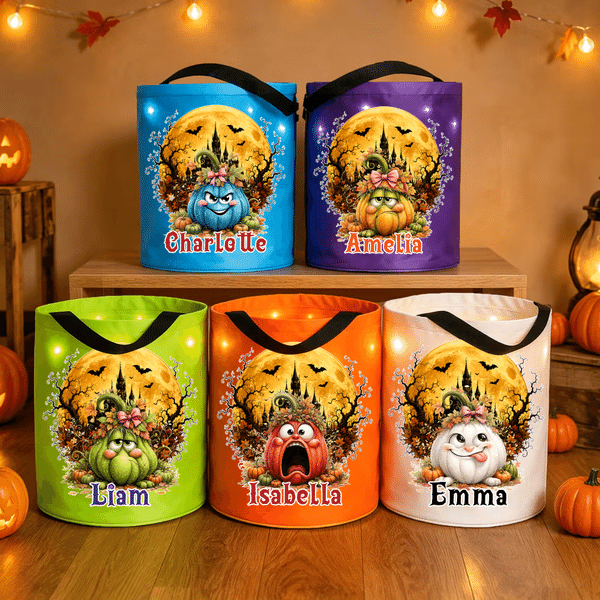 Personalisierte Halloween-Tasche im Kürbis-Design mit LED-Beleuchtung und Namensaufdruck – Halloween-Geschenk für Kinder zum „Süßes oder Saures“-Spielen