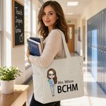 Personalized Cartoon Teacher Large Corduroy Tote Bag with Text and Subject Teacher's Day Birthday Back to School Gift for Teacher