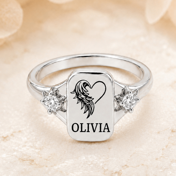 Personalized Heart Angel Wing Sterling Silver Ring with Engraved Name Dainty Jewelry Birthday Anniversary Gift for Mom Grandma