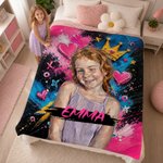 Couverture photo personnalisée pour enfants avec prénom et couronne « graffiti », style peinture à l'huile – Couvre-lit, cadeau d'anniversaire pour garçons et filles