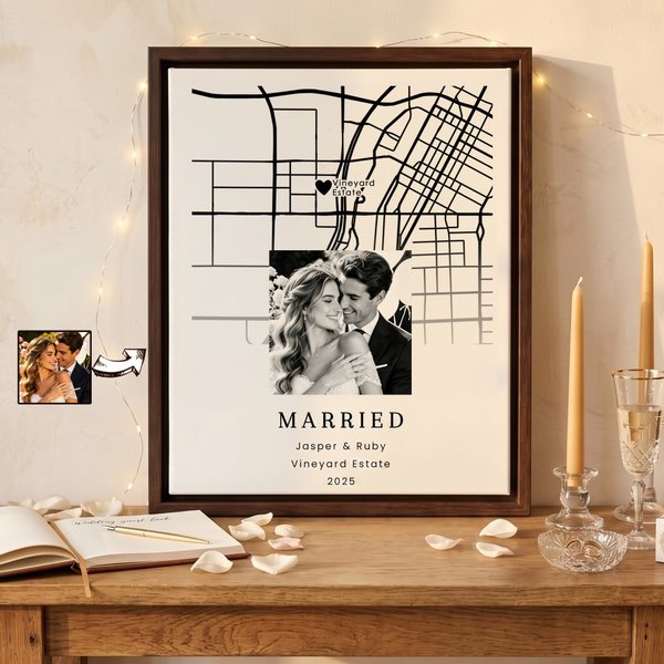 Stampe su tela personalizzate con foto di coppia su mappa a forma di cuore quadrata, con nome e testo – Decorazioni per la casa – Spedizione dagli Stati Uniti – Regalo di anniversario di matrimonio pe