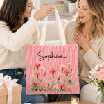 Personalized Birth Flower Large Capacity Seersucker Tote Bag with Name Anniversary Birthday Gift for Women Best Friends