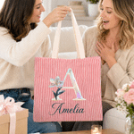 Personalised Pearl Effect Birth Flower Striped Large Capacity Tote Bag with Name Daily Use Birthday Anniversary Gift for Women Girls
