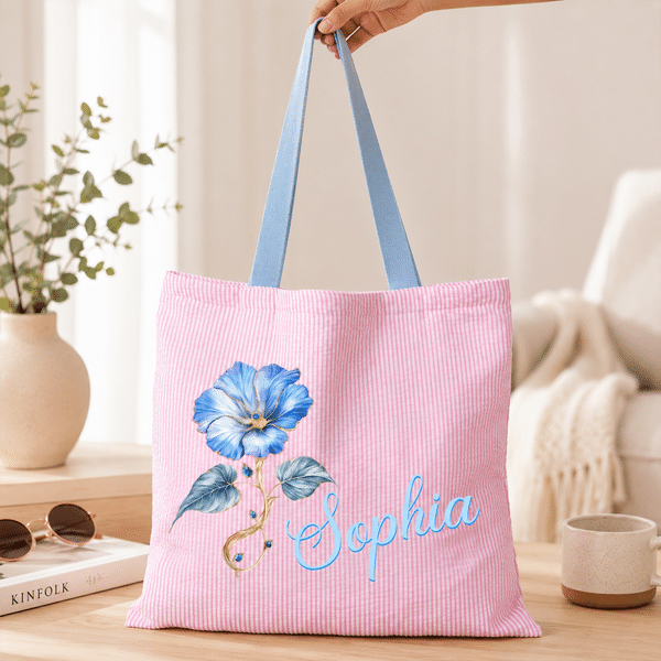 Personalised Multicolour Birth Flower Striped Large Capacity Tote Bag with Name Daily Use Anniversary Birthday Gift for Women Besties