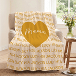 Gepersonaliseerde, veelkleurige, hartvormige decoratieve deken met naam en titel – woonaccessoire, verjaardags- of kerstcadeau voor mama, oma en het hele gezin
