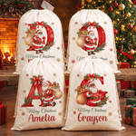 Personalised Merry Christmas Santa Claus Canvas Drawstring Gift Bag with Name and Initial Christmas Eve Party Gift for Kids
