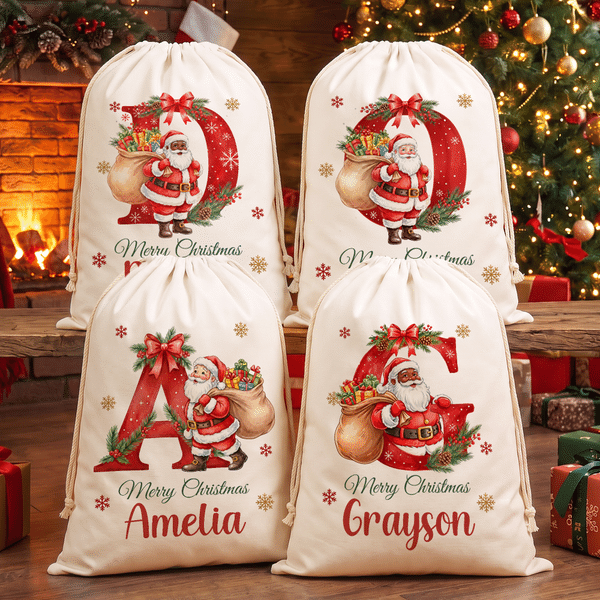 Personalised Merry Christmas Santa Claus Canvas Drawstring Gift Bag with Name and Initial Christmas Eve Party Gift for Kids