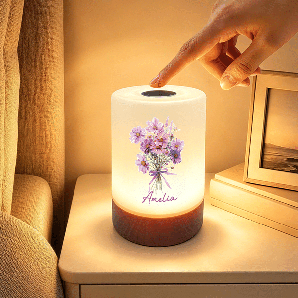 Personalised Birth Flower Dimmable Touch Control Rechargeable Night Light with Name Bedroom Decor Birthday Gift for Women Kids