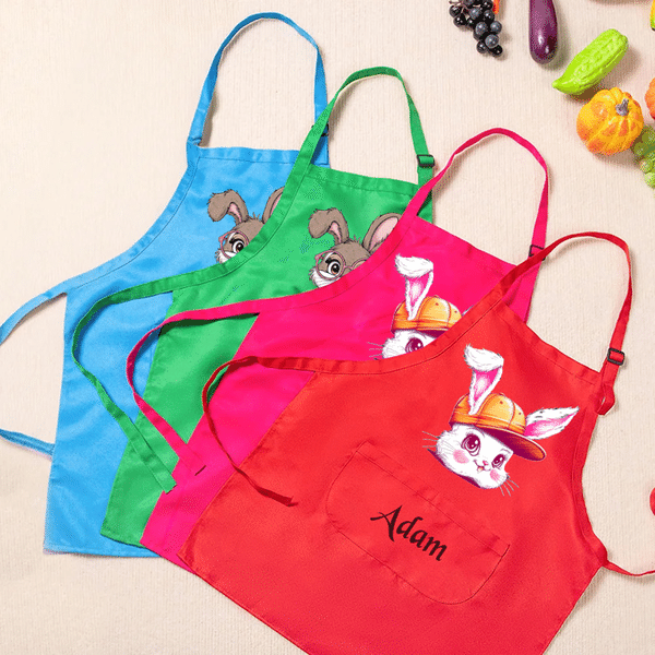 Personalized Cute Easter Bunny Adjustable Kid Apron Chef Hat Set with Pocket and Name Kitchen Use Easter Birthday Gift for Kids
