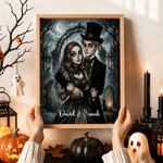 Personalized Gothic Style Cartoon Couple Photo Character Canvas Prints with Name Home Decor Ship from USA Halloween Anniversary Gift for Newlyweds