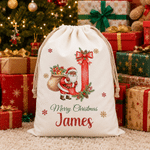 Personalised Merry Christmas Santa Claus Canvas Drawstring Gift Bag with Name and Initial Christmas Eve Party Gift for Kids