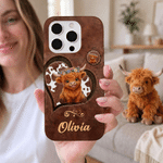Personalised Cute Baby Highland Cow Heart Pattern Phone Case for iPhone with Name Birthday Gift for Highland Cow Lovers Friends