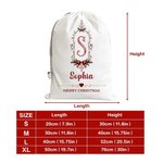 Borsa regalo con cordoncino in tela personalizzata con cornice vintage, motivo a fiocco di agrifoglio e iniziale, con nome – Regalo per la festa della vigilia di Natale per bambini e famiglia