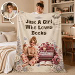 Personalized Birth Flower 3D-Effect Artwork Cartoon Photo Soft Throw Blanket with Name and Text Book Club Birthday Gift for Book Lovers Friends