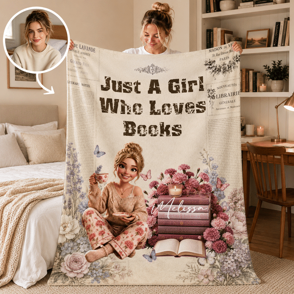 Personalized Birth Flower 3D-Effect Artwork Cartoon Photo Soft Throw Blanket with Name and Text Book Club Birthday Gift for Book Lovers Friends
