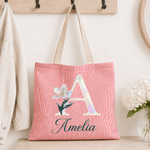 Personalised Pearl Effect Birth Flower Striped Large Capacity Tote Bag with Name Daily Use Birthday Anniversary Gift for Women Girls
