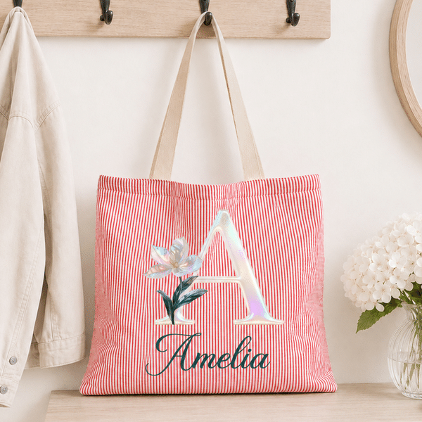 Personalised Pearl Effect Birth Flower Striped Large Capacity Tote Bag with Name Daily Use Birthday Anniversary Gift for Women Girls