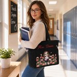 Personalised Cartoon Character Teacher Large Capacity Corduroy Tote Bag with Birth Flower and Text Travel Essential Birthday Gift for Teacher