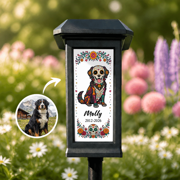 Personalized Flower Sugar Skull Pet Photo Solar Garden Light with Name Garden Use Memorial Day of the Dead Gift for Pet Owners Lovers