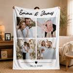Personalized Multicolour Heart 4 Photos Collage Soft Throw Blanket with Name and Text Home Decor Anniversary Birthday Gift for Family Couples