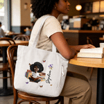 Personalized Birth Flower Cartoon Reading Girl Large Capacity Corduroy Tote Bag with Name Birthday Christmas Gift for Librarians Book Lovers