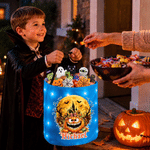 Personalisierte Halloween-Tasche im Kürbis-Design mit LED-Beleuchtung und Namensaufdruck – Halloween-Geschenk für Kinder zum „Süßes oder Saures“-Spielen