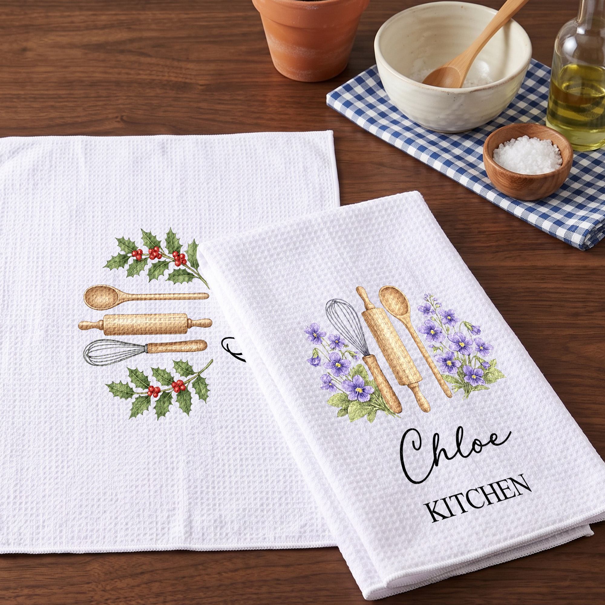 Individuell gestaltete Backutensilien mit Geburtsblume – Super saugfähiges Baumwoll-Waffelhandtuch mit Namen – Für die Küche – Einweihungs- und Geburtstagsgeschenk für Mama, Oma und Bäckerinnen