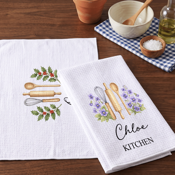Personalized Birth Flower Baking Tools Super Absorbent Cotton Waffle Towel with Name Kitchen Use Housewarming Birthday Gift for Mom Grandma Baker