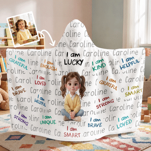 Gepersonaliseerde 3D-effect-deken met capuchon, voorzien van een cartoonfiguur, foto en naam – Woonaccessoire, bemoedigend verjaardagscadeau voor het gezin en kinderen