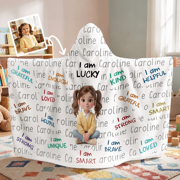 Personalised 3D-Effect Artwork Cartoon Character Hooded Blanket with Photo and Name Home Decor Encouragement Birthday Gift for Family Kids