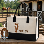 Personalised Horse-Head Silhouette Photo Canvas Tote Bag Linen Makeup Bag with Name Shopping Travel Daily Use Birthday Gift for Horse Owners Women