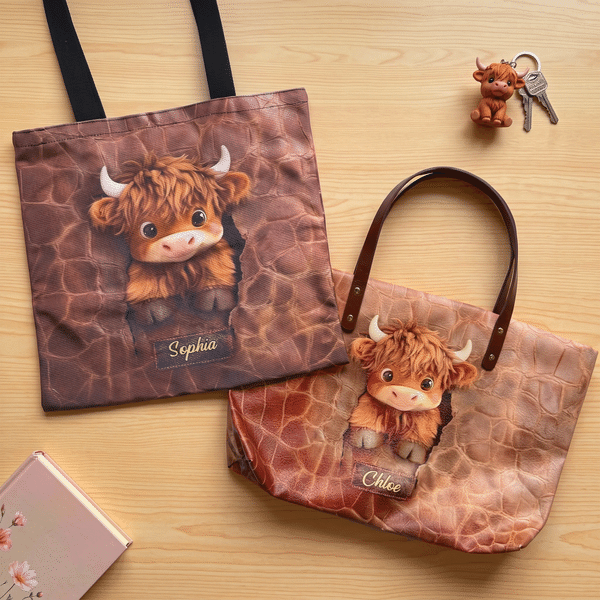 Personalized 3D-Effect Artwork Highland Cow Large Capacity Tote Bag with Name Daily Use Birthday Gift for Women Highland Cow Lovers